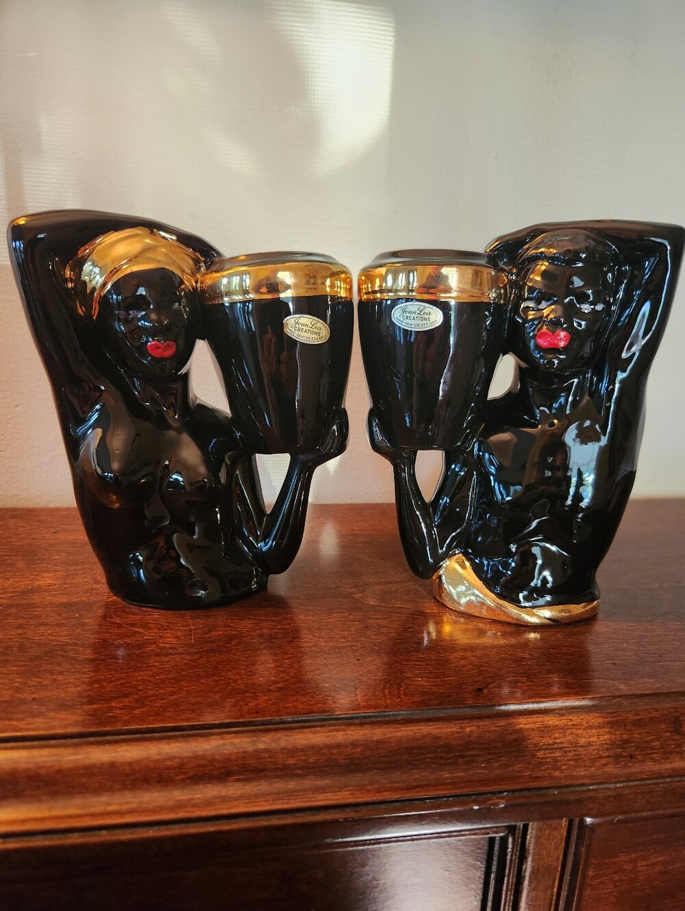 1950s Joan Lea Creations Hand-painted Black 6" Vases With 22K Gold Gilt